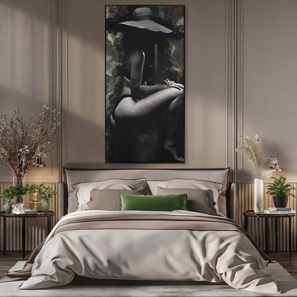 Tablou canvas cu tablou canvas cu silueta feminina, in rama de aluminiu negru, pe perete intr-un dormitor